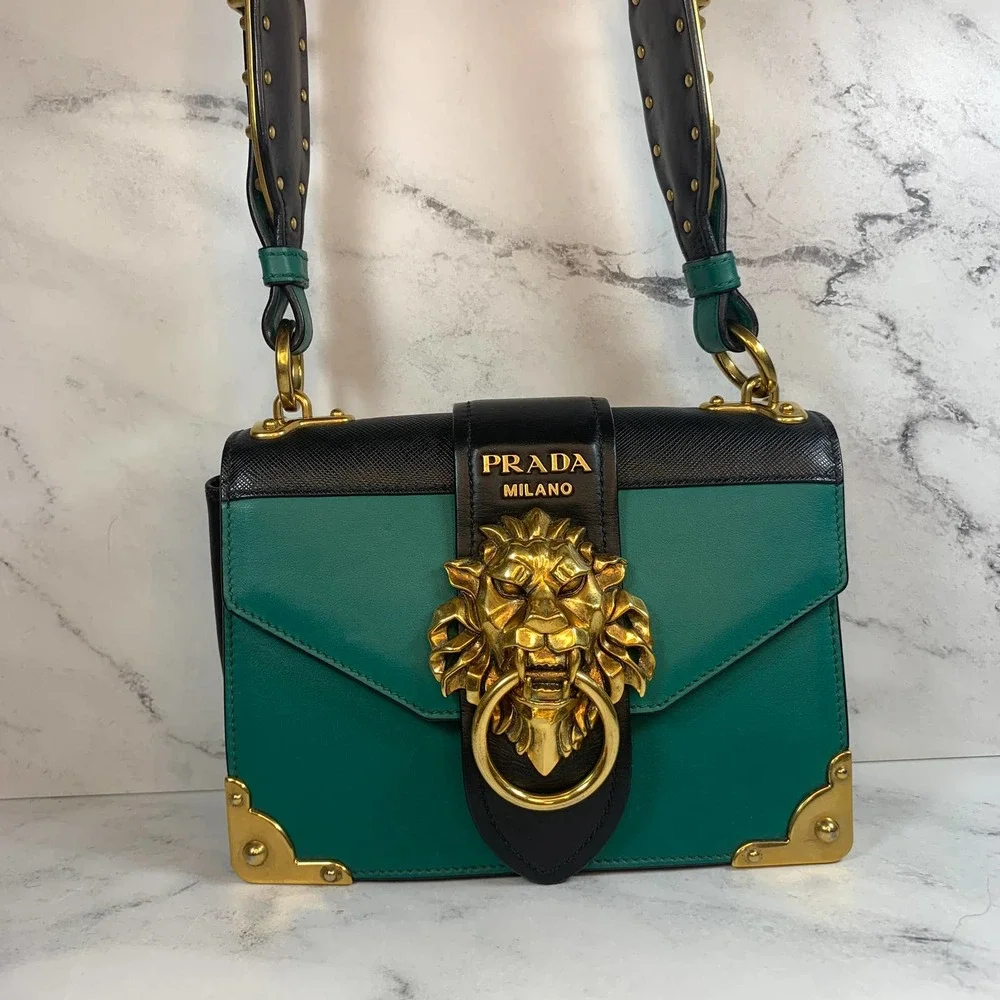 ❌❌ PRADA Lions Head Bag Antic Soft Saffiano Cahier Shoulder/Crossbody Green - Picture 16 of 16